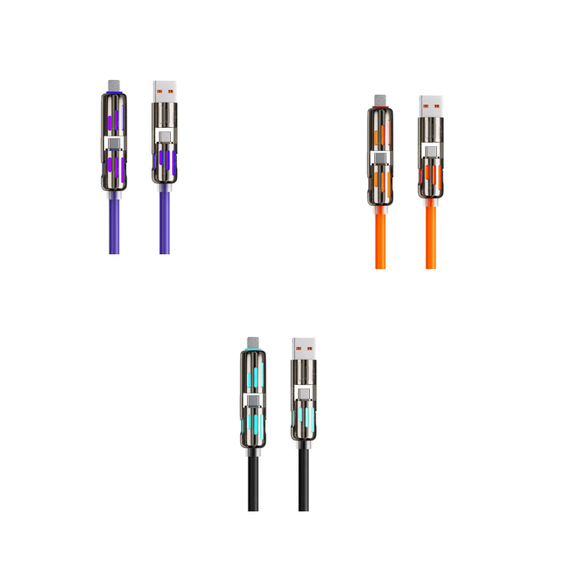 Cable de carga multiUSB MFish 4 en 1 con USB A, Tipo C y Lightning: carga rĂĄpida de 240 W y sincronizaciĂłn de datos para iPhone 16/15, iPad Pro, Samsung y portĂĄtiles.