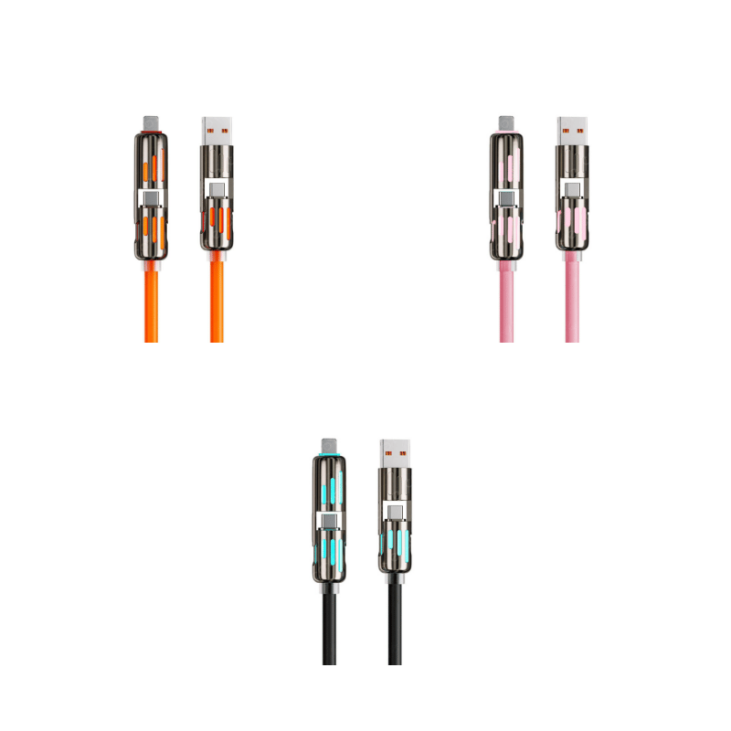 Cable de carga multiUSB MFish 4 en 1 con USB A, Tipo C y Lightning: carga rĂĄpida de 240 W y sincronizaciĂłn de datos para iPhone 16/15, iPad Pro, Samsung y portĂĄtiles.