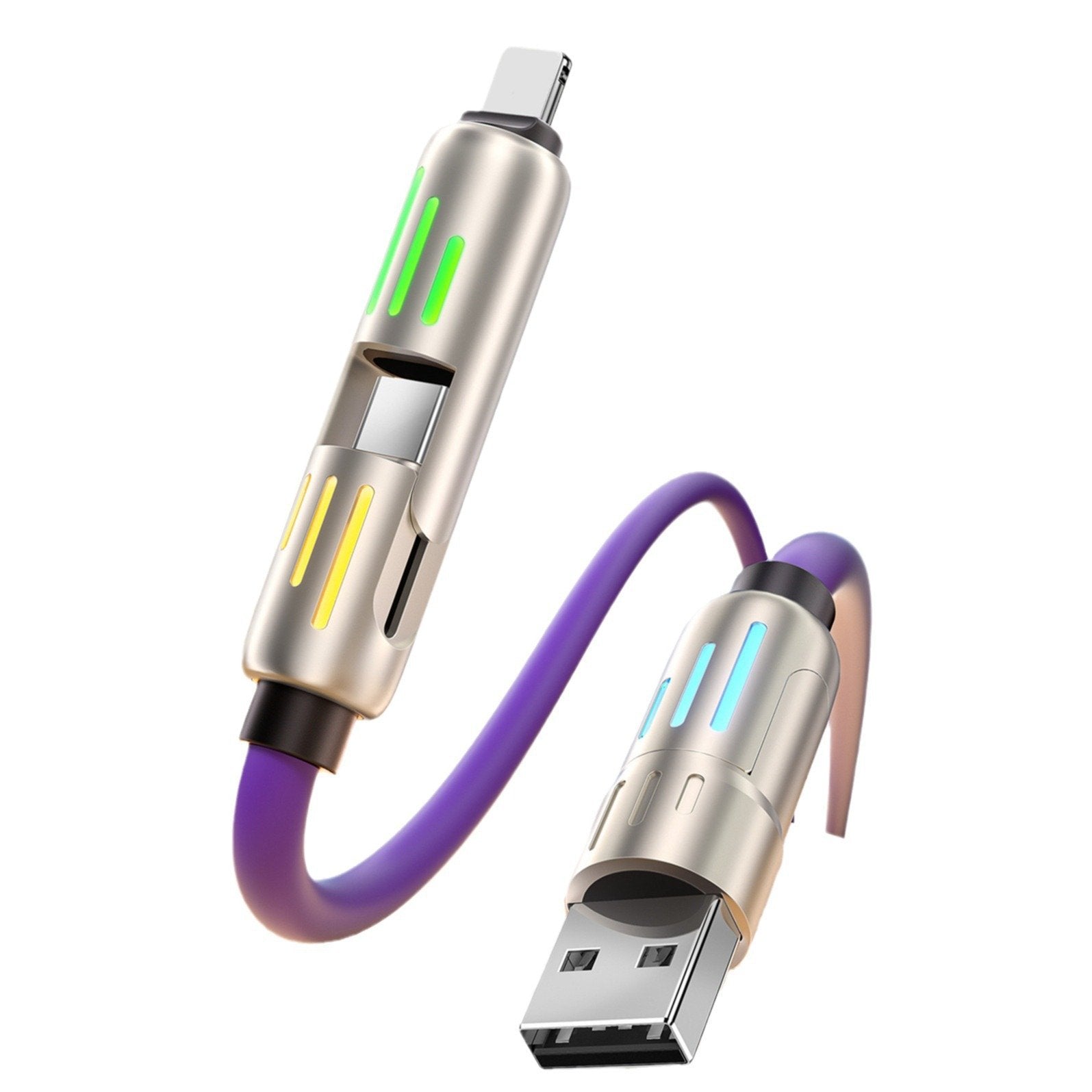 Cable de carga multiUSB MFish 4 en 1 con USB A, Tipo C y Lightning: carga rĂĄpida de 240 W y sincronizaciĂłn de datos para iPhone 16/15, iPad Pro, Samsung y portĂĄtiles.