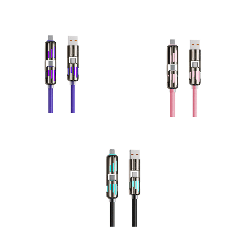 Cable de carga multiUSB MFish 4 en 1 con USB A, Tipo C y Lightning: carga rĂĄpida de 240 W y sincronizaciĂłn de datos para iPhone 16/15, iPad Pro, Samsung y portĂĄtiles.