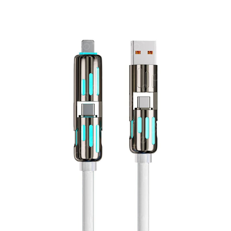 Cable de carga multiUSB MFish 4 en 1 con USB A, Tipo C y Lightning: carga rĂĄpida de 240 W y sincronizaciĂłn de datos para iPhone 16/15, iPad Pro, Samsung y portĂĄtiles.