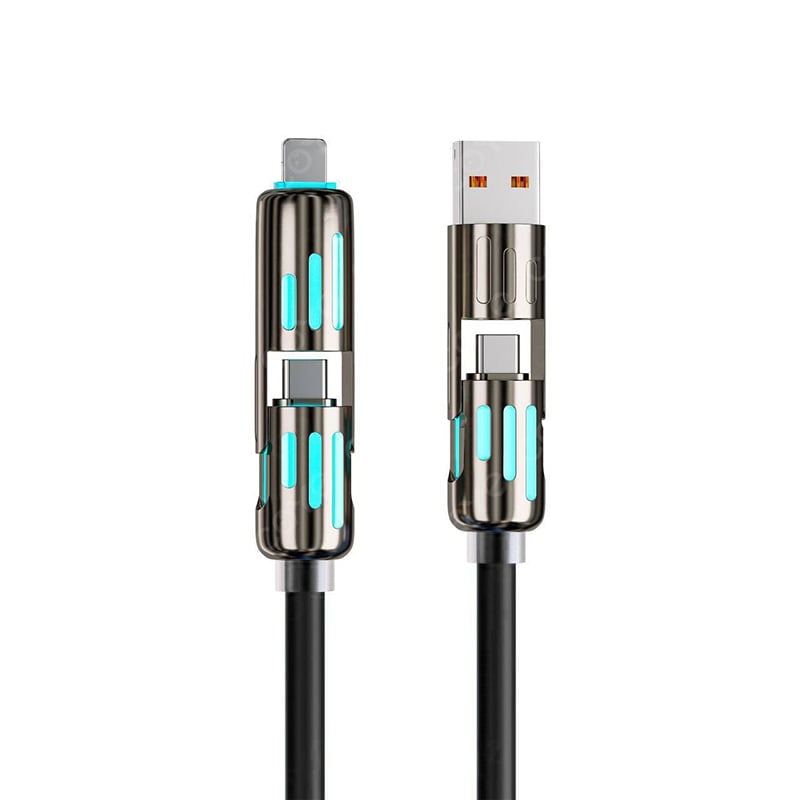 Cable de carga multiUSB MFish 4 en 1 con USB A, Tipo C y Lightning: carga rĂĄpida de 240 W y sincronizaciĂłn de datos para iPhone 16/15, iPad Pro, Samsung y portĂĄtiles.