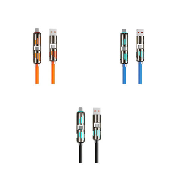 Cable de carga multiUSB MFish 4 en 1 con USB A, Tipo C y Lightning: carga rĂĄpida de 240 W y sincronizaciĂłn de datos para iPhone 16/15, iPad Pro, Samsung y portĂĄtiles.