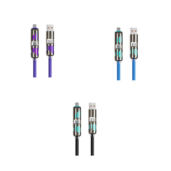 Cable de carga multiUSB MFish 4 en 1 con USB A, Tipo C y Lightning: carga rĂĄpida de 240 W y sincronizaciĂłn de datos para iPhone 16/15, iPad Pro, Samsung y portĂĄtiles.
